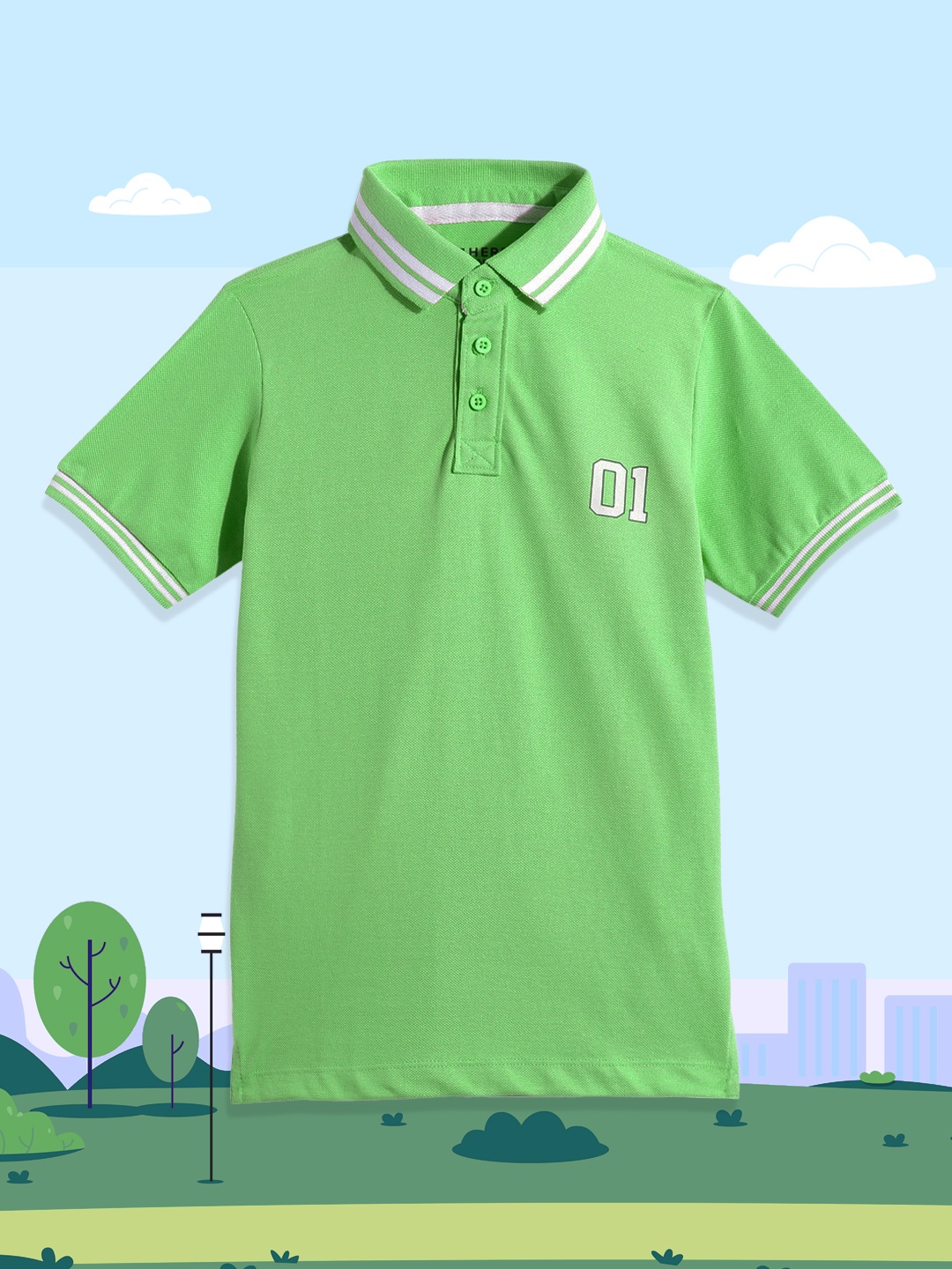 

HERE&NOW Boys Green Solid Polo Collar Pure Cotton T-shirt