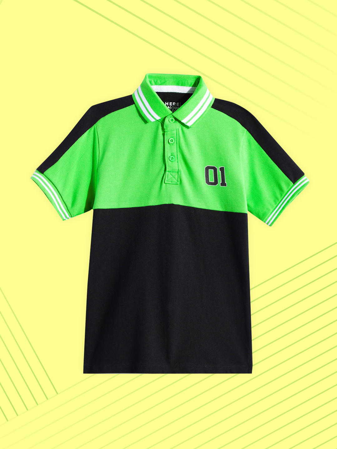 

HERE&NOW Boys Green & Black Colourblocked Polo Collar T-shirt