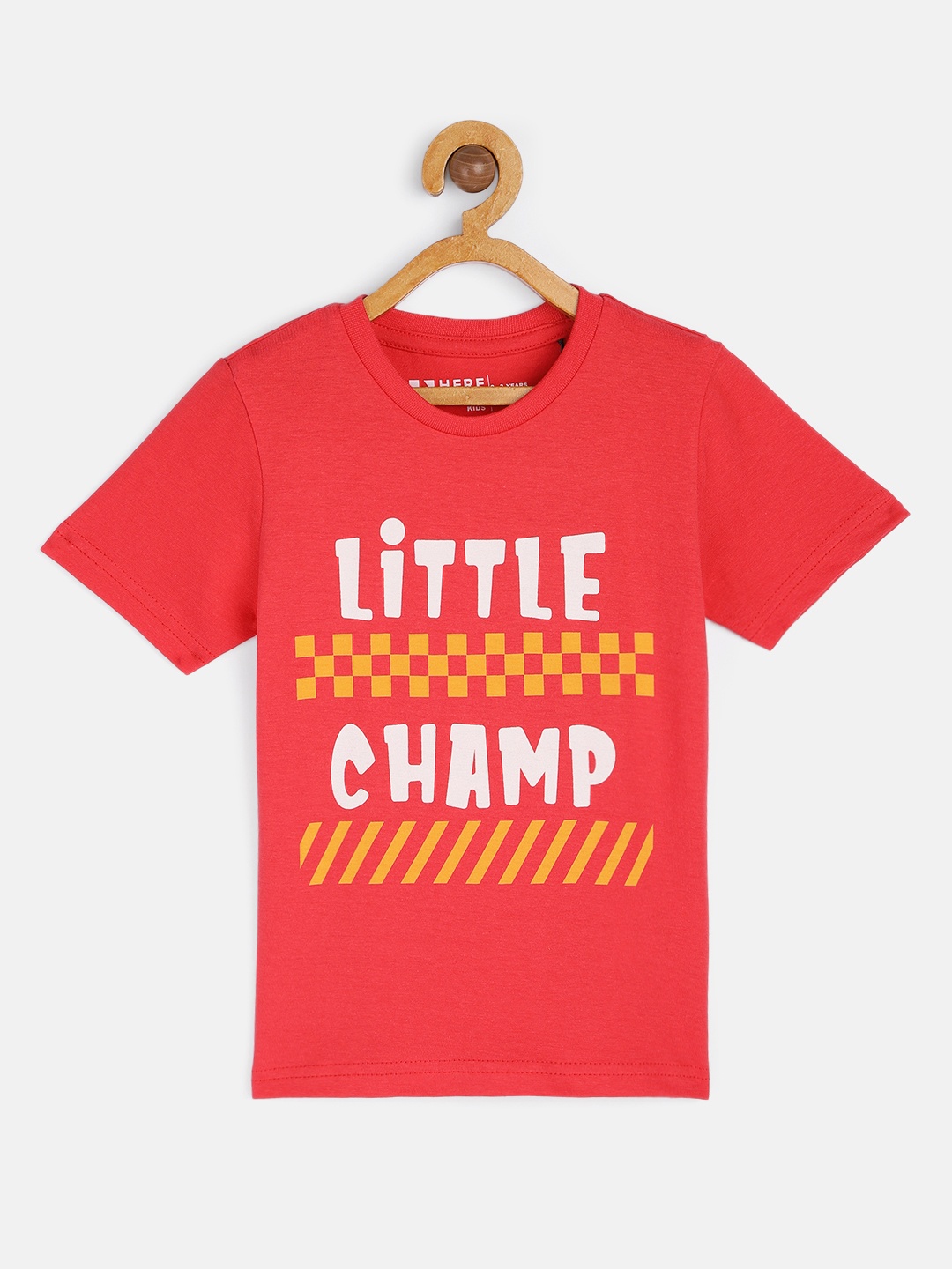 

HERE&NOW Boys Red Typography Printed Round Neck Pure Cotton Regular Fit T-shirt