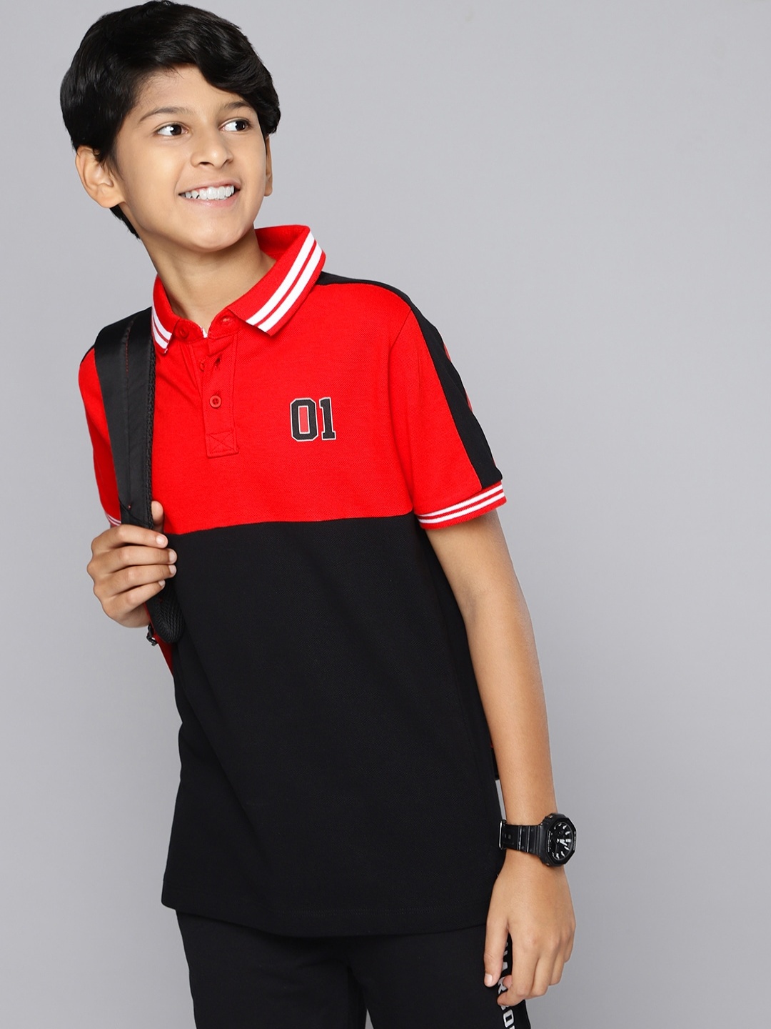 

HERE&NOW Boys Red & Black Colourblocked Polo Collar T-shirt