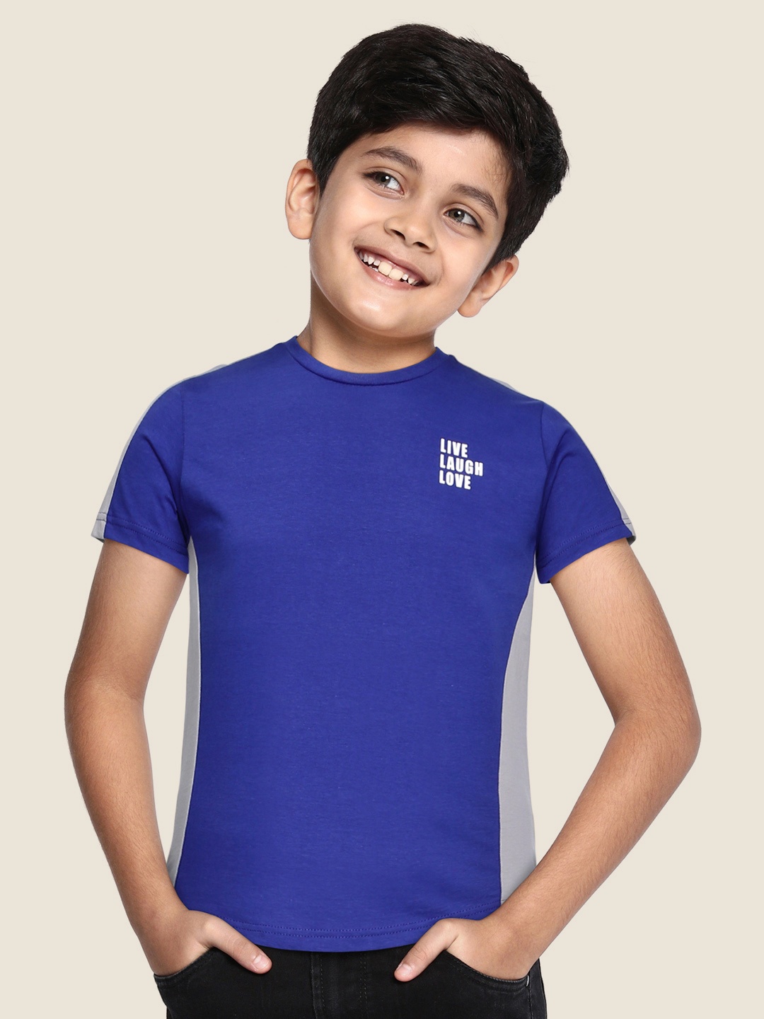 

HERE&NOW Boys Navy Blue & Grey Pure Cotton Striped Round Neck Regular Fit T-shirt