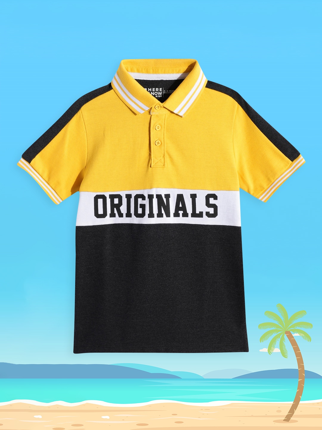 

HERE&NOW Boys Yellow & Black Printed Pure Cotton Polo Collar T-shirt