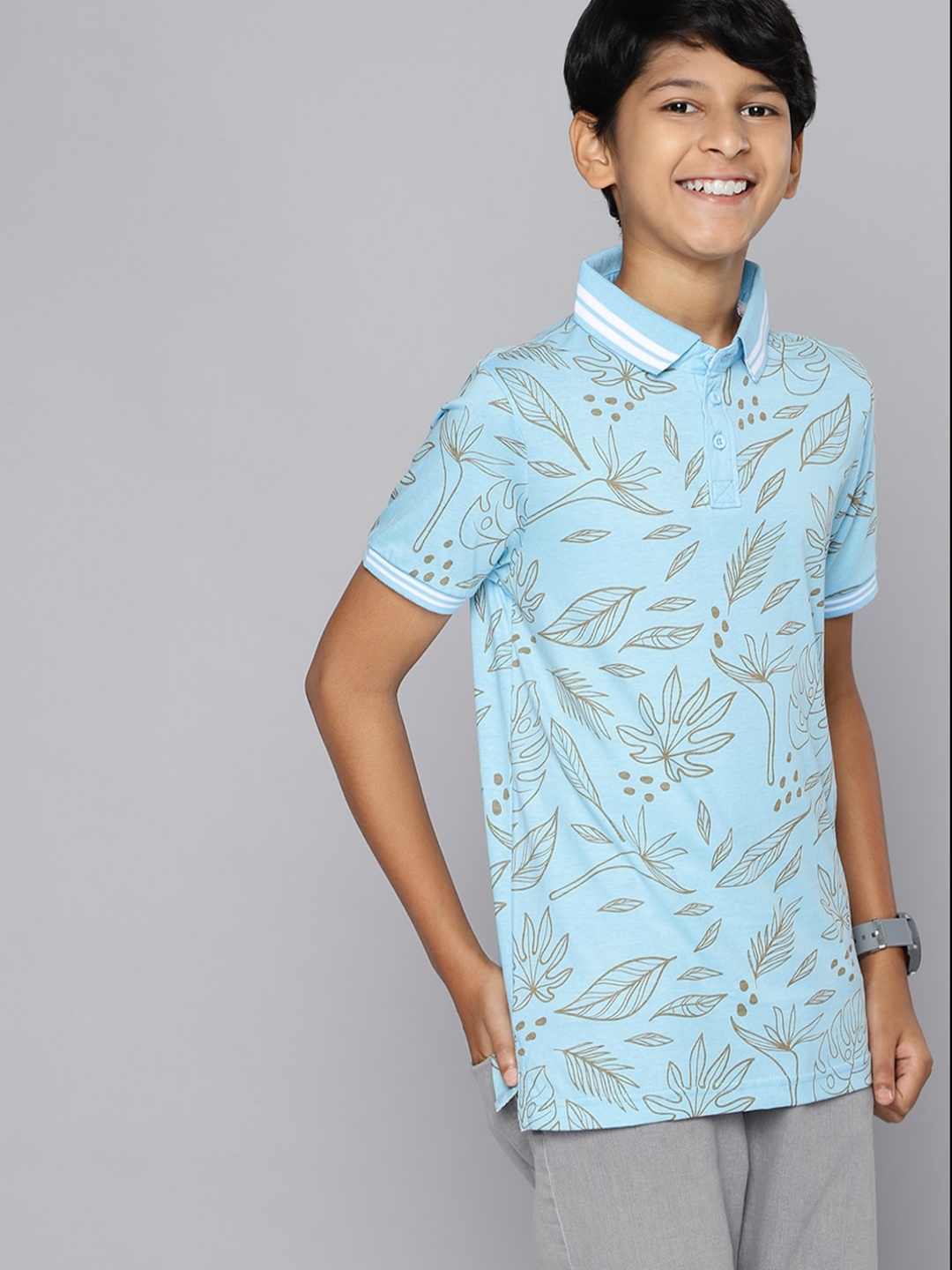 

HERE&NOW Boys Blue Floral Printed Pure Cotton Polo Collar T-shirt
