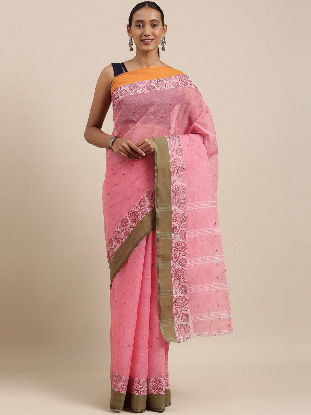 

The Chennai Silks Pink & Orange Ethnic Motifs Pure Cotton Taant Saree