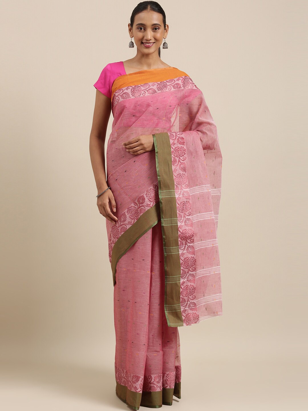 

The Chennai Silks Pink & Orange Ethnic Motifs Pure Cotton Taant Saree
