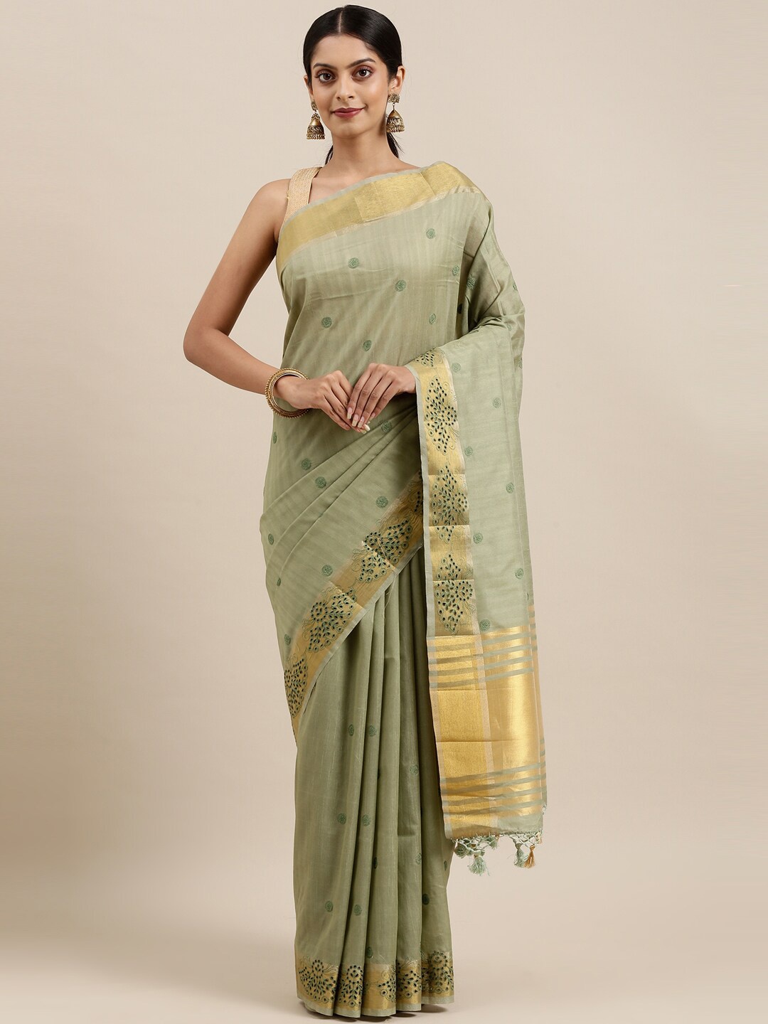 

The Chennai Silks Green & Gold-Toned Ethnic Motifs Embroidered Saree