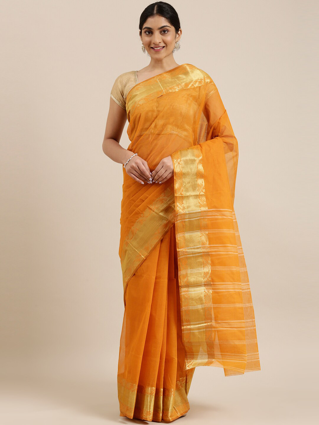 

The Chennai Silks Orange & Gold-Toned Pure Cotton Taant Saree