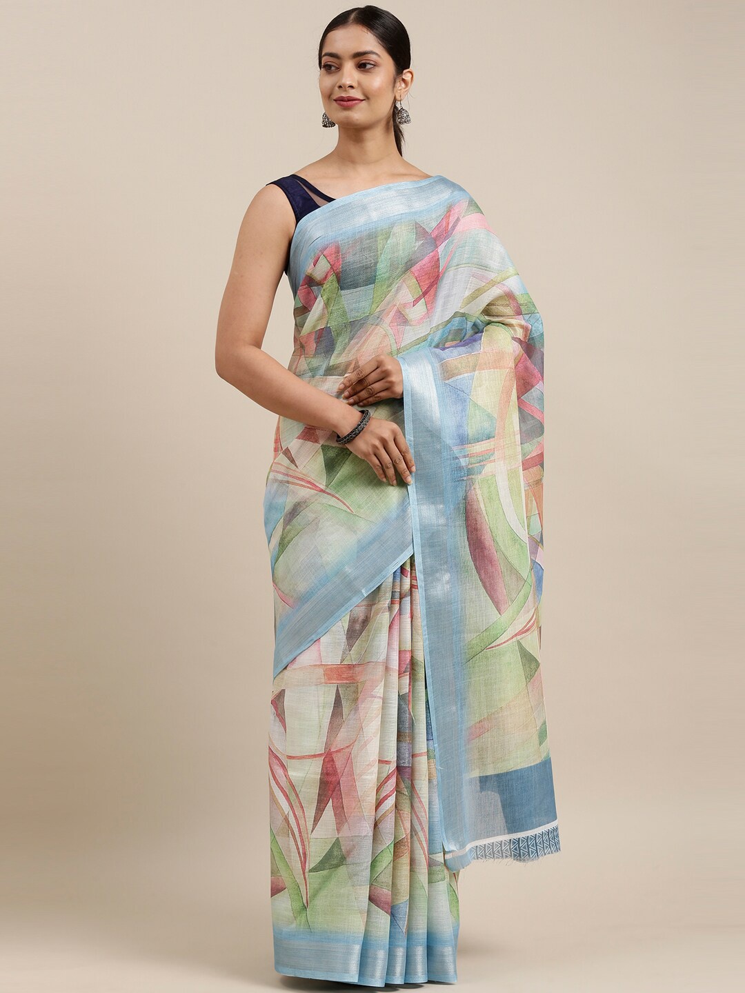 

The Chennai Silks Multicoloured & Silver-Toned Linen Blend Saree, Multi