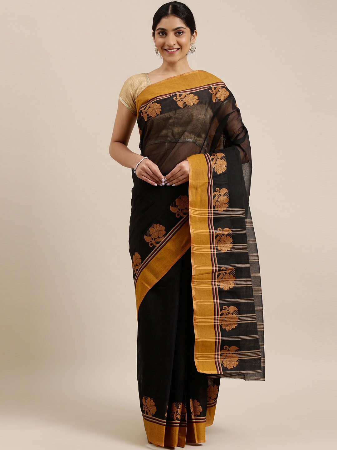 

The Chennai Silks Black & Mustard Pure Cotton Taant Saree