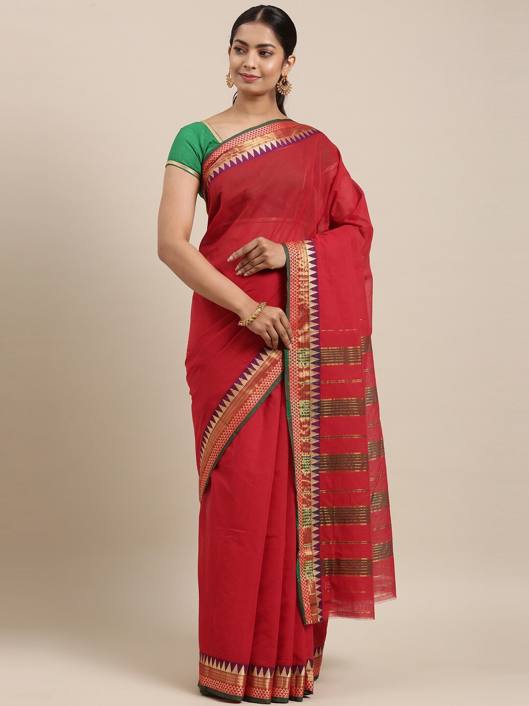 

The Chennai Silks Red & Gold-Toned Pure Cotton Chettinad Saree