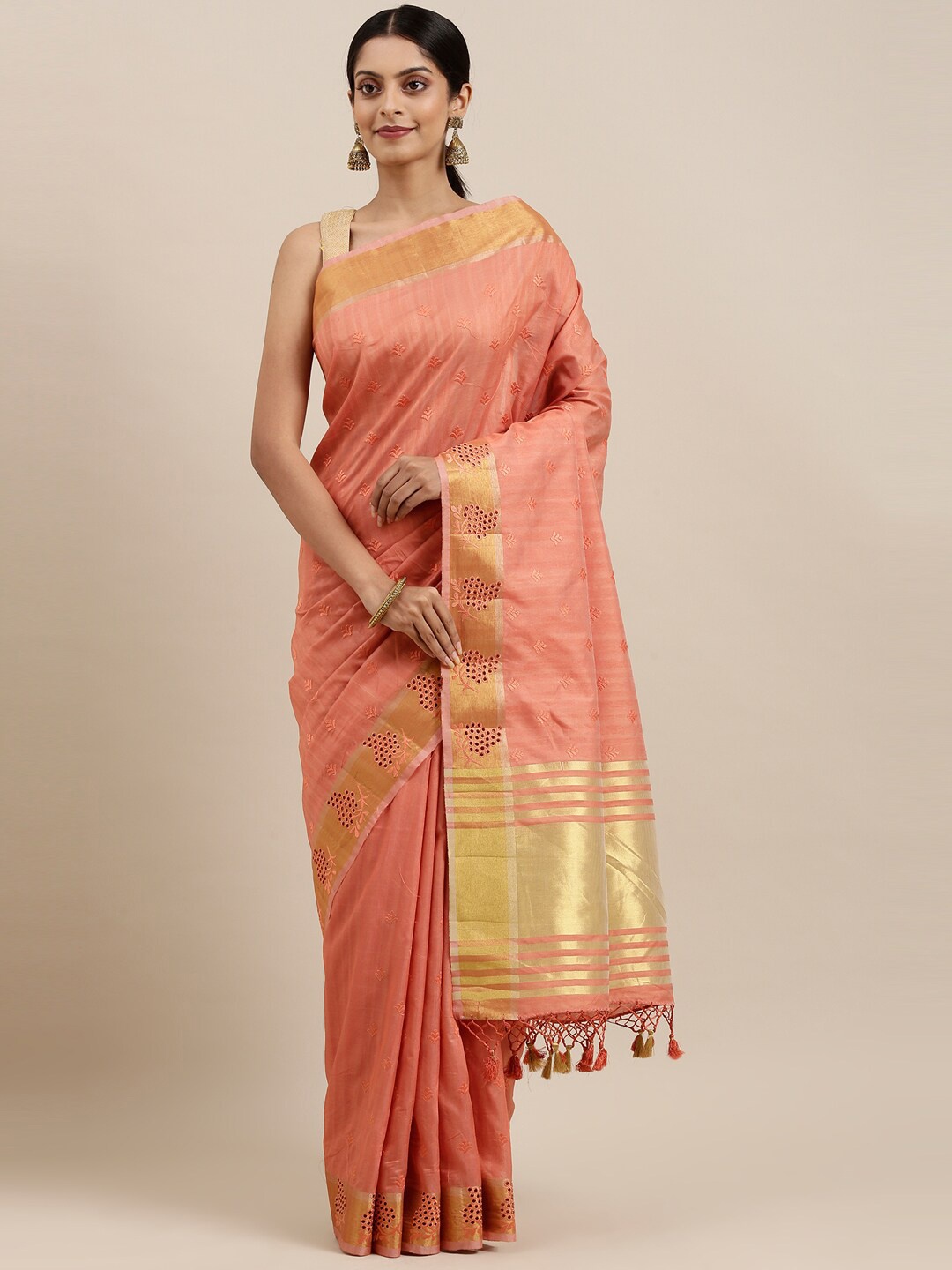 

The Chennai Silks Peach-Coloured & Gold-Toned Embellished Embroidered Saree