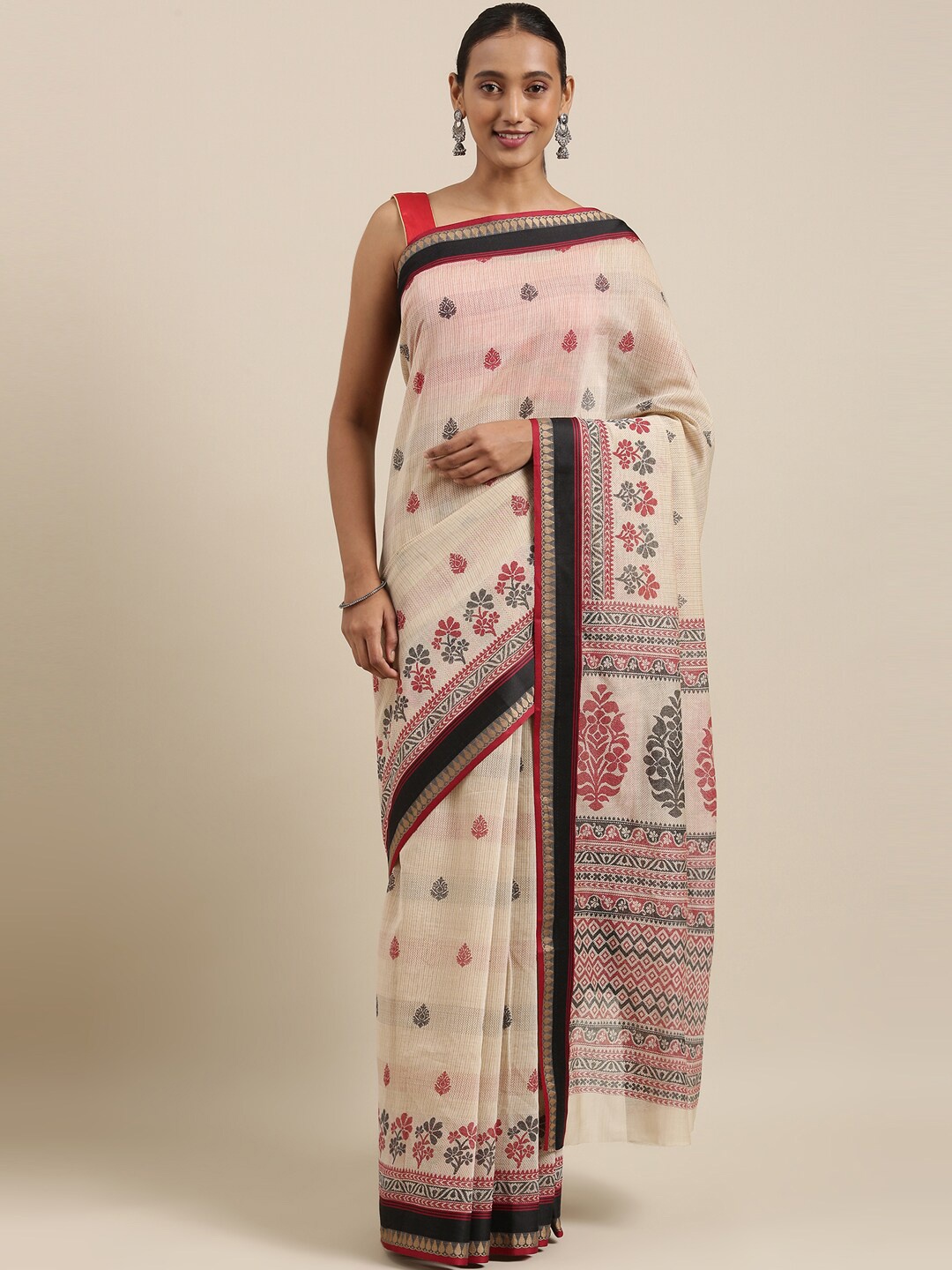 

The Chennai Silks Off White & Black Ethnic Motifs Pure Cotton Chanderi Saree