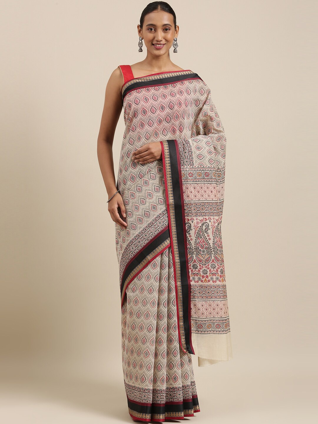 

The Chennai Silks Off White & Black Ethnic Motifs Pure Cotton Chanderi Saree