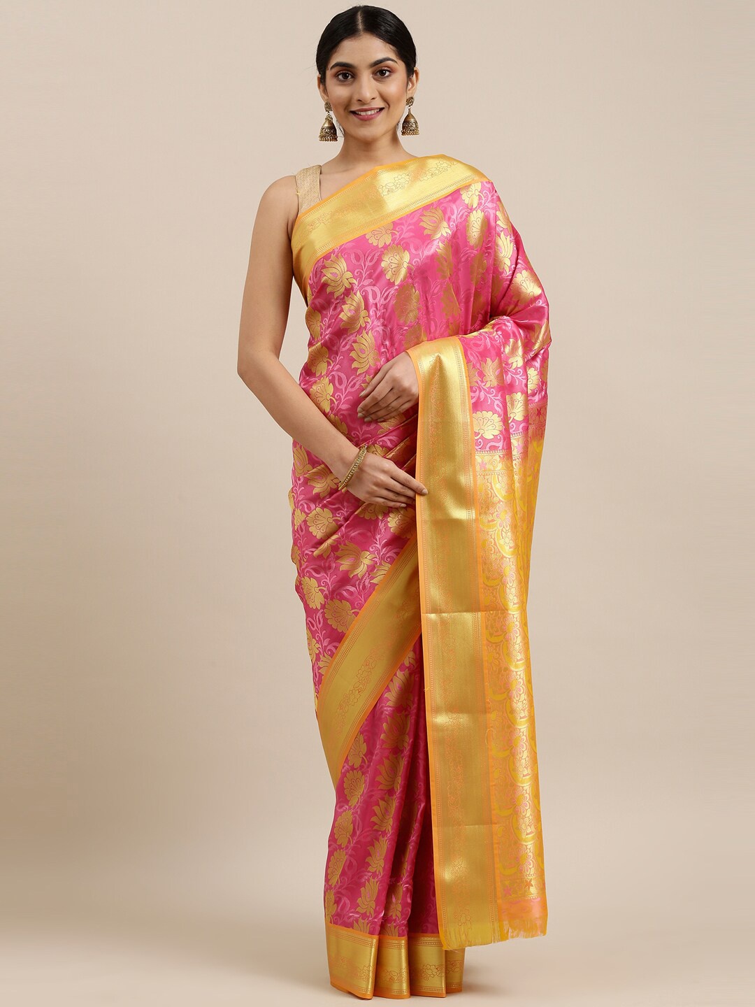 

The Chennai Silks Pink & Gold-Toned Floral Zari Art Silk Saree