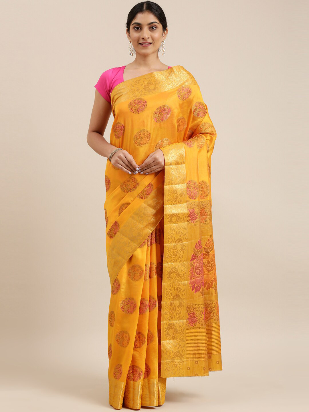 

The Chennai Silks Yellow & Pink Ethnic Motifs Fusion Saree