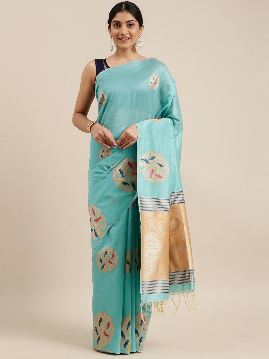 

The Chennai Silks Turquoise Blue & Gold-Toned Floral Fusion Saree