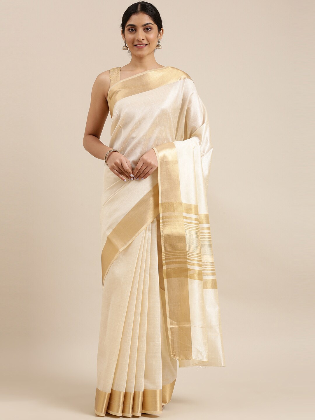 

The Chennai Silks Cream-Coloured & Gold-Toned Fusion Saree