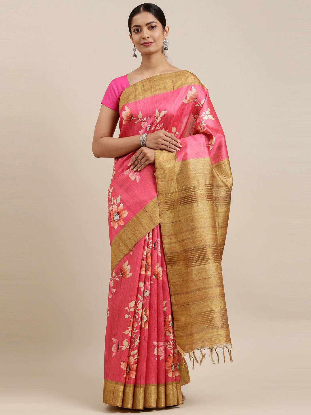 

The Chennai Silks Pink & White Floral Fusion Saree
