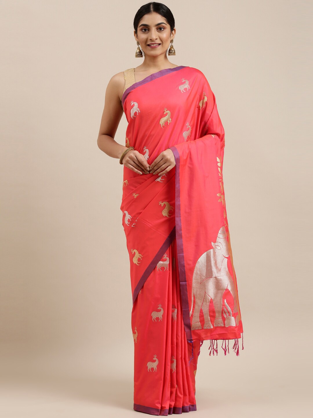 

The Chennai Silks Red & Purple Ethnic Motifs Art Silk Fusion Saree