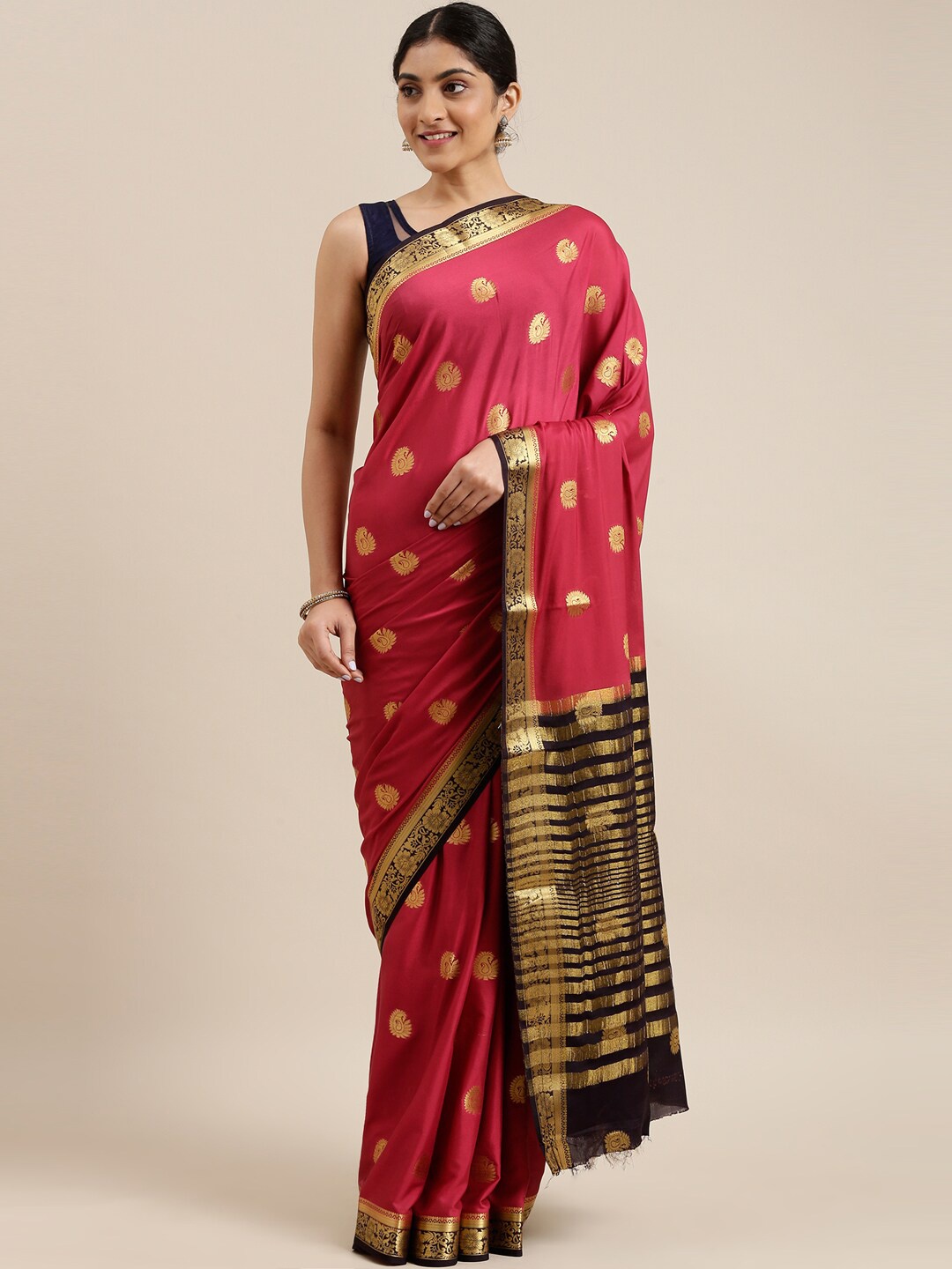 

The Chennai Silks Maroon & Gold-Toned Ethnic Motifs Fusion Saree