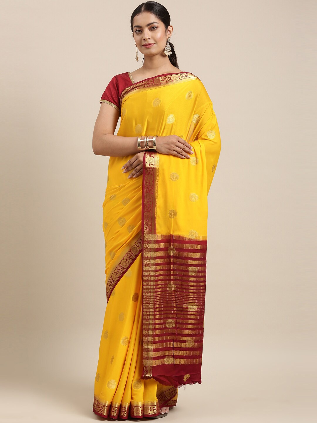 

The Chennai Silks Yellow & Red Ethnic Motifs Fusion Saree