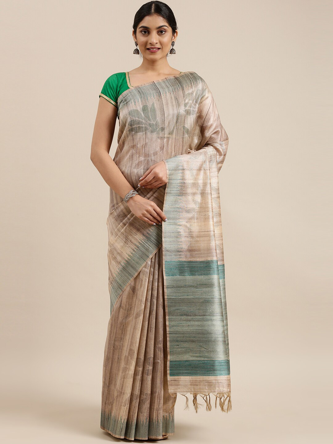 

The Chennai Silks Beige & Green Floral Fusion Saree