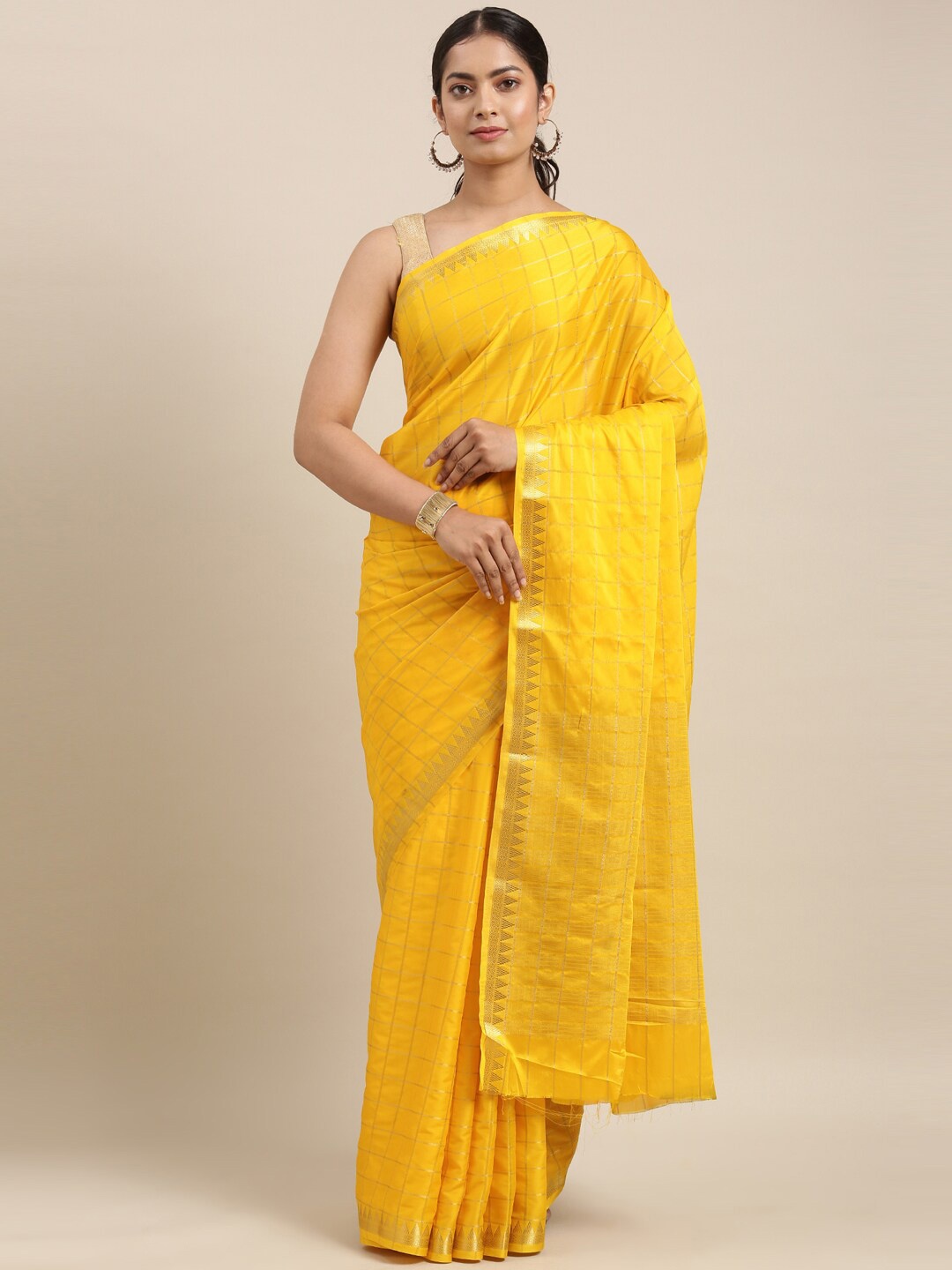 

The Chennai Silks Yellow Checked Fusion Saree
