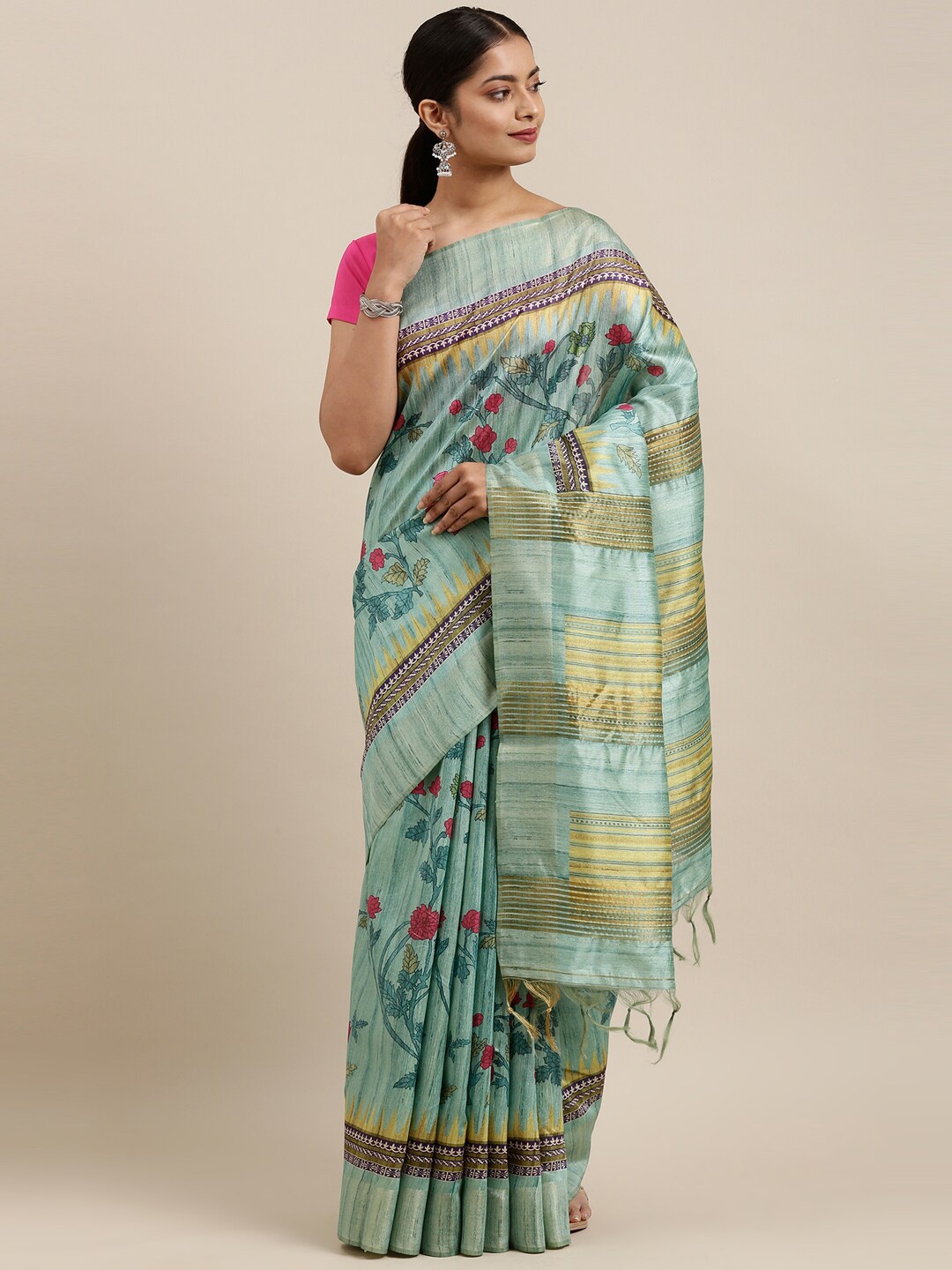 

The Chennai Silks Green & Pink Floral Fusion Saree