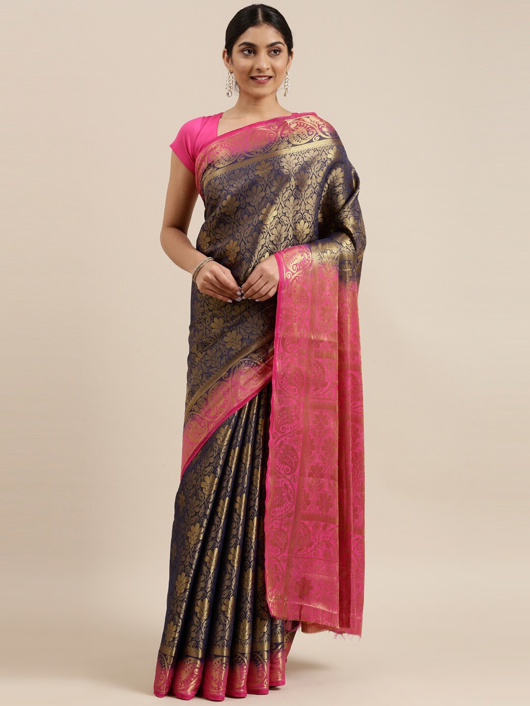 

The Chennai Silks Navy Blue & Magenta Floral Fusion Patola Saree