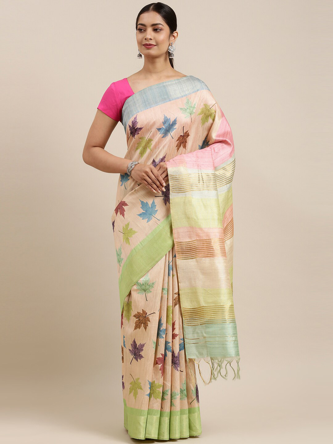 

The Chennai Silks Beige & Blue Floral Fusion Saree