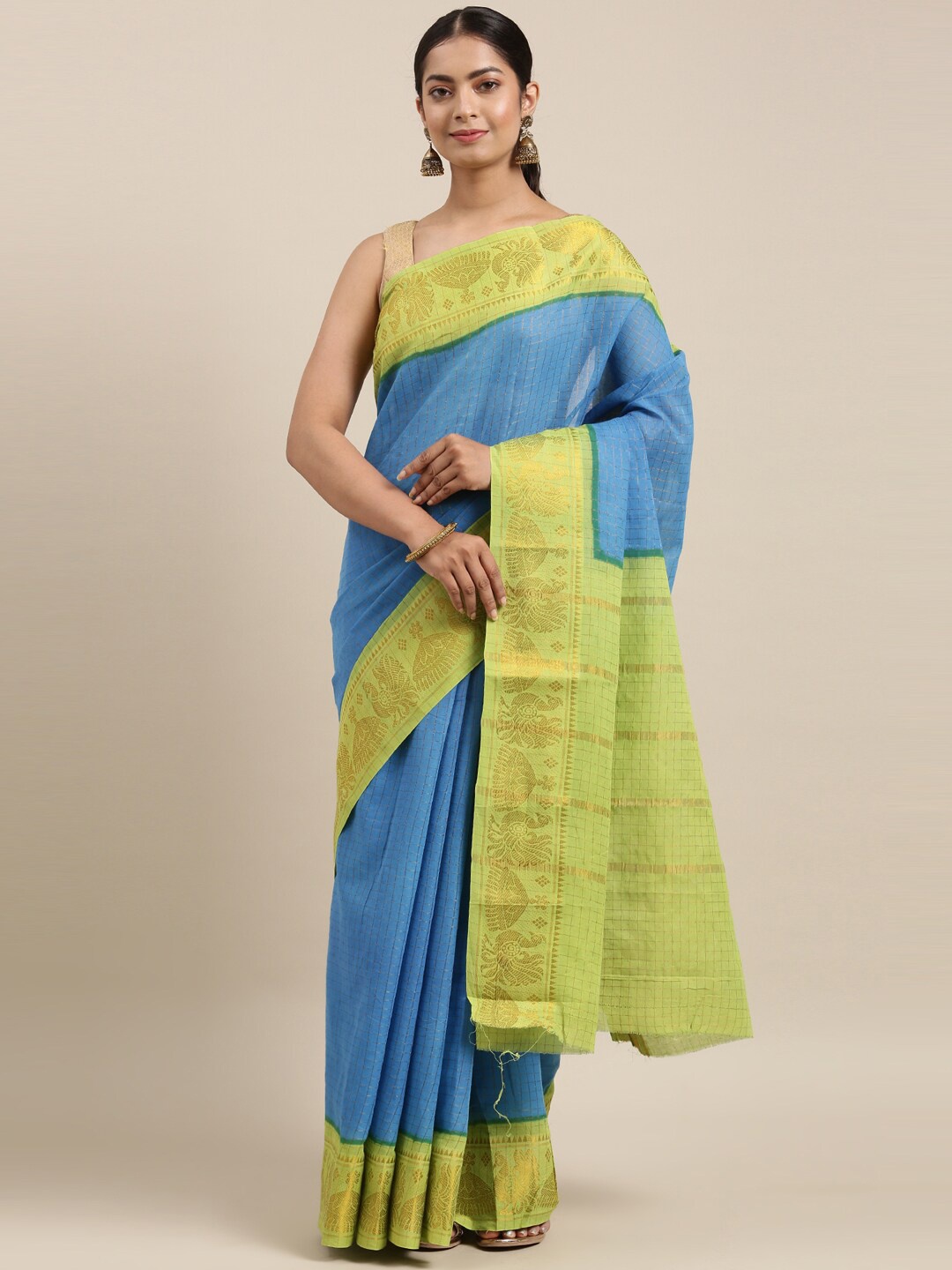 

The Chennai Silks Blue & Green Checked Pure Cotton Fusion Sungudi Saree