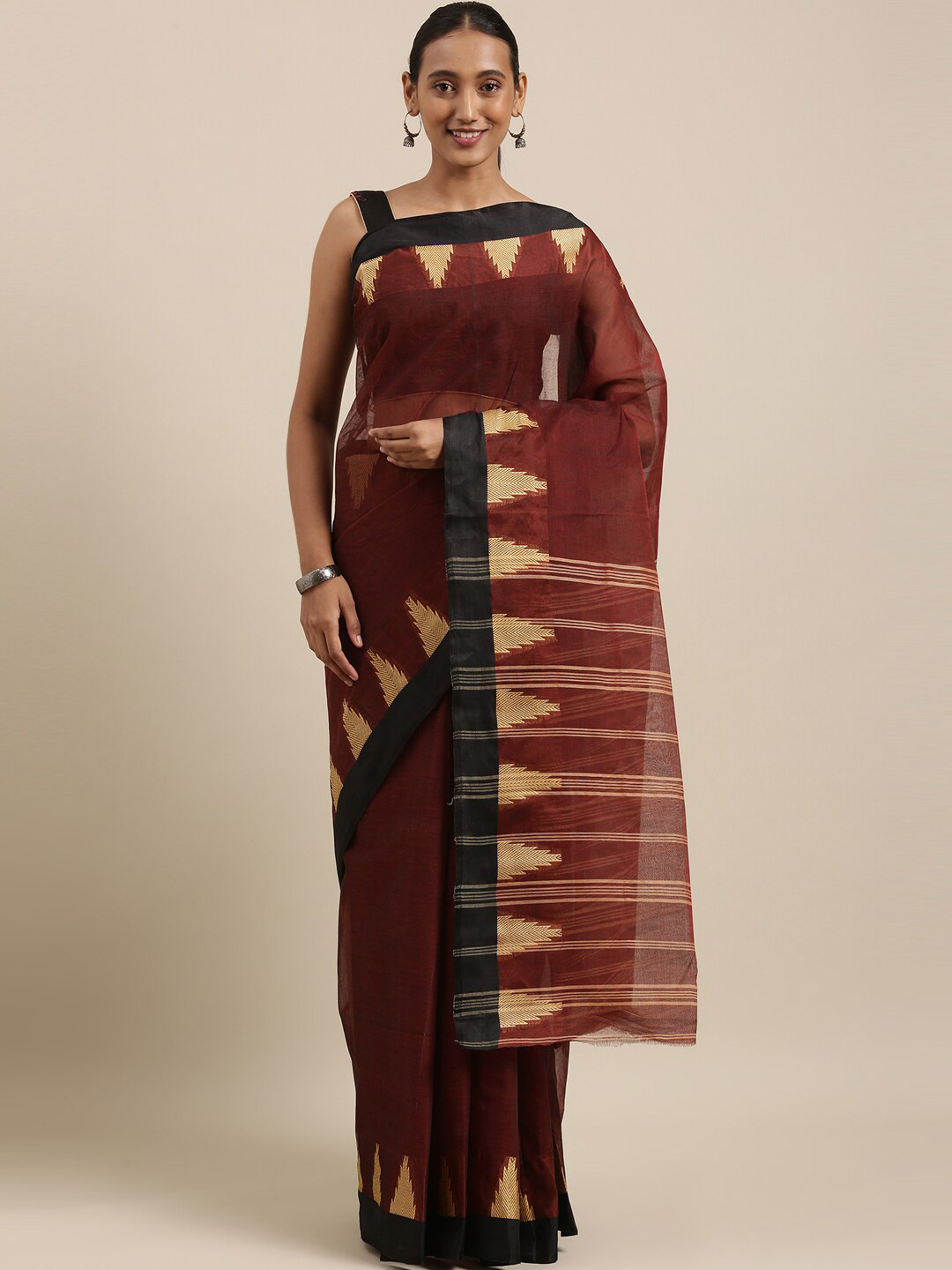 

The Chennai Silks Maroon & Black Pure Cotton Fusion Taant Saree