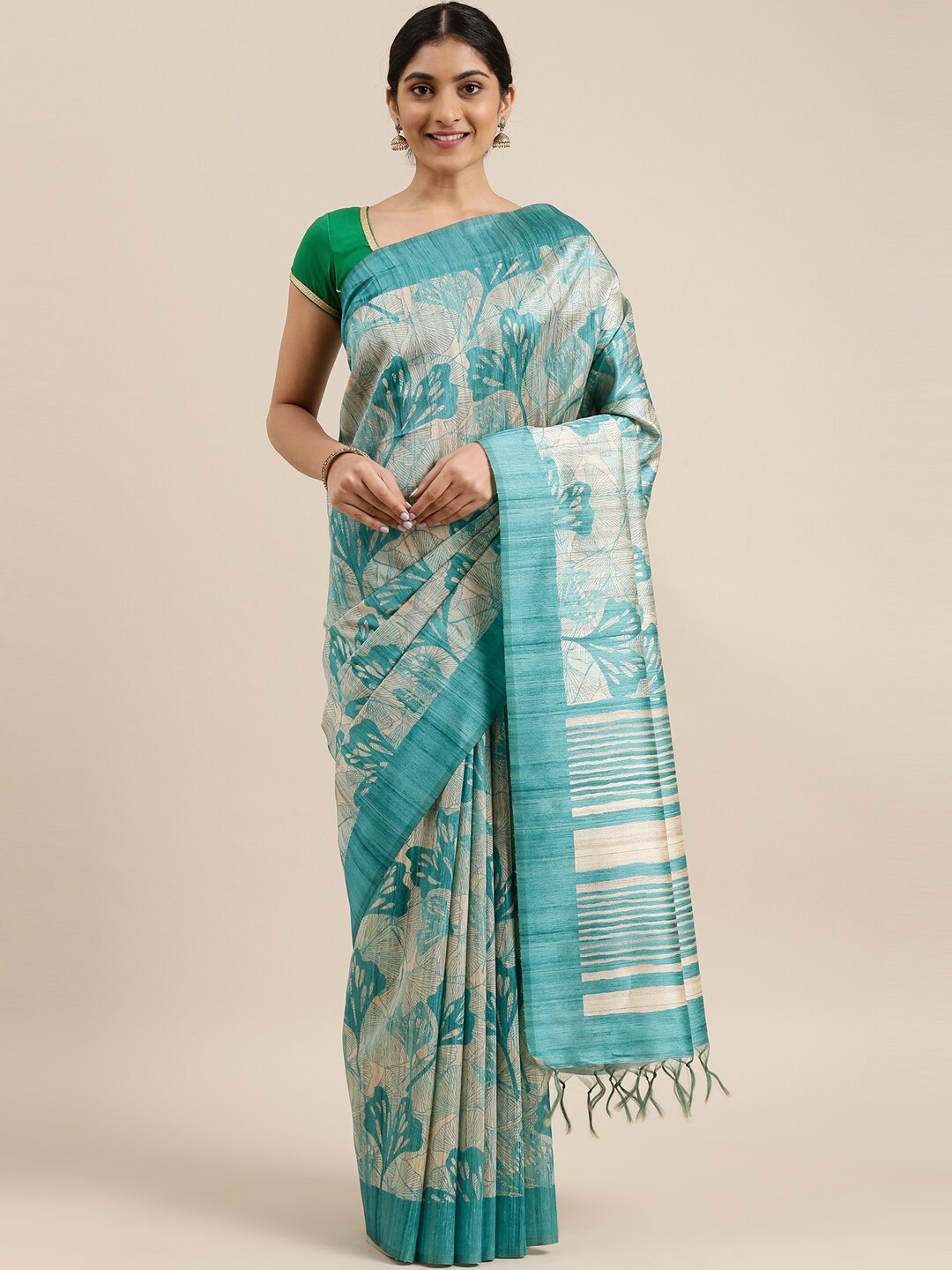 

The Chennai Silks Beige & Turquoise Blue Floral Fusion Saree