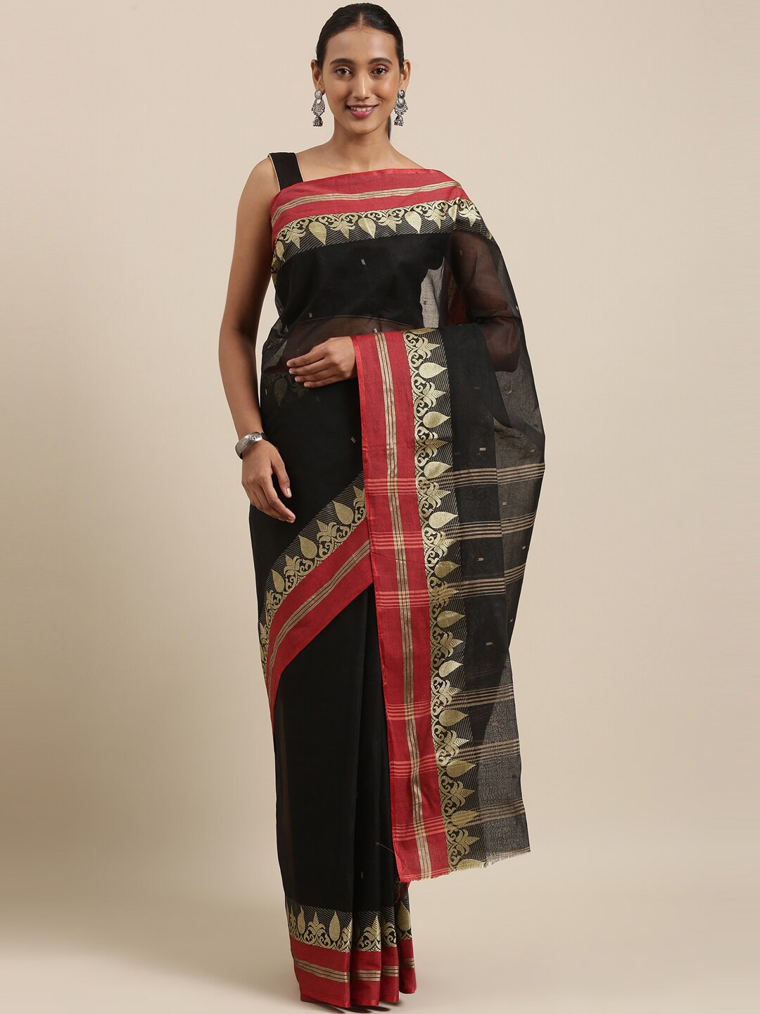 

The Chennai Silks Black & Red Ethnic Motifs Pure Cotton Fusion Taant Saree