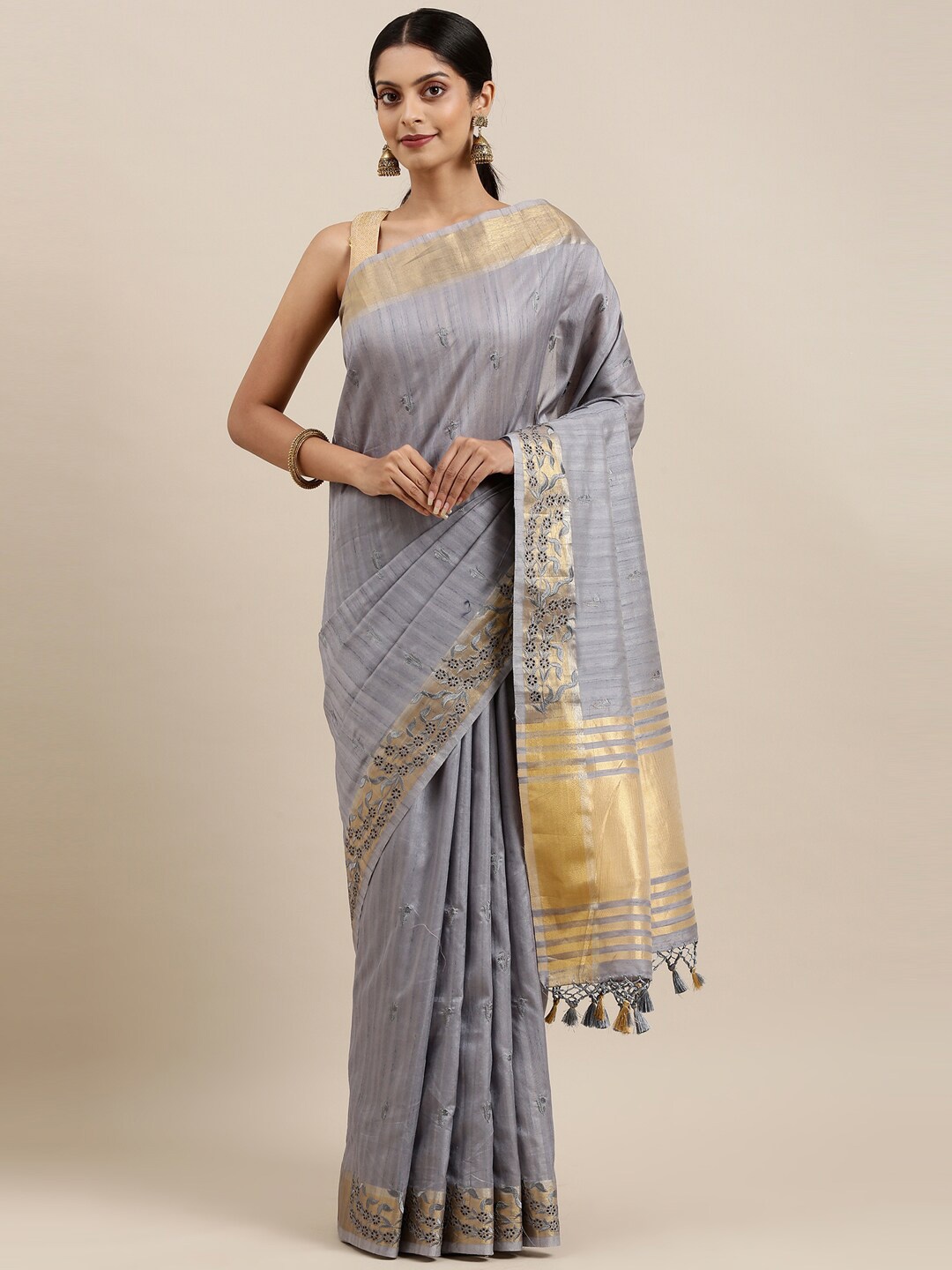 

The Chennai Silks Grey & Gold-Toned Embellished Embroidered Saree