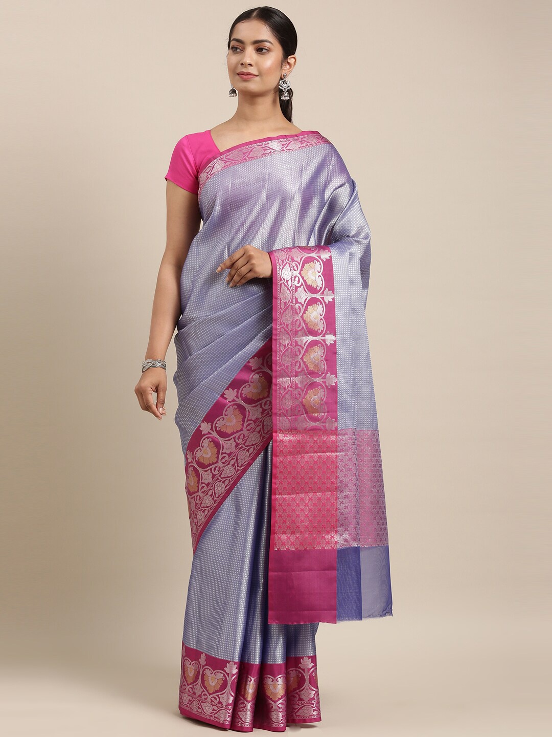 

The Chennai Silks Blue & Pink Floral Organza Fusion Banarasi Saree