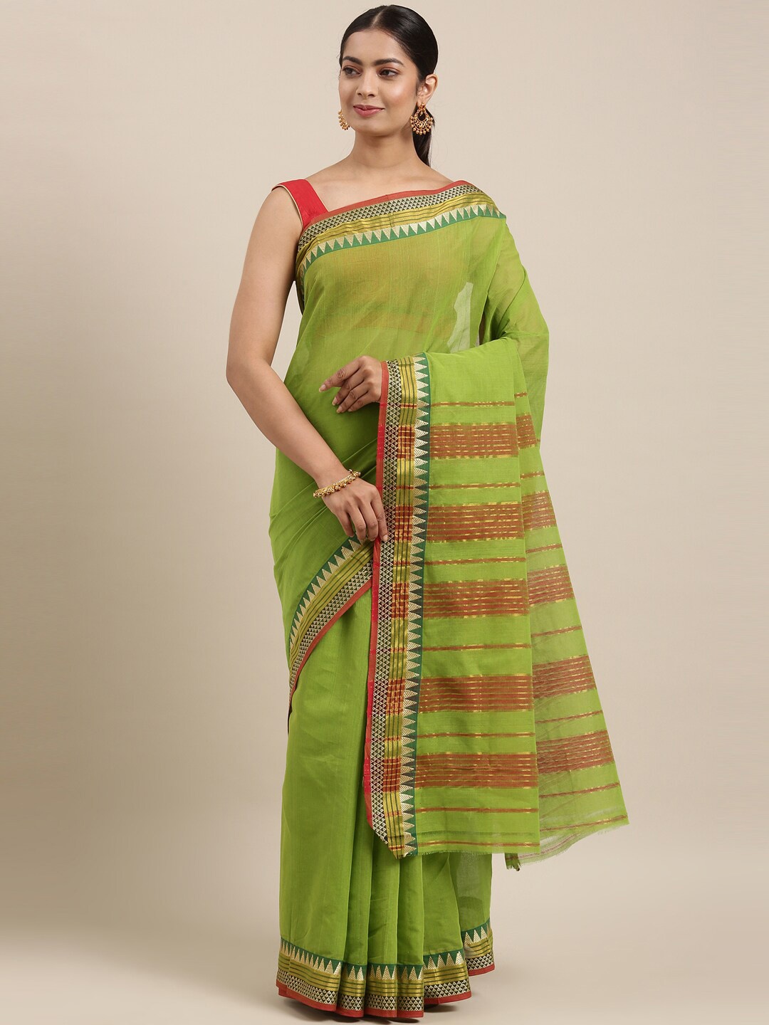 

The Chennai Silks Green & Red Pure Cotton Fusion Chettinad Saree