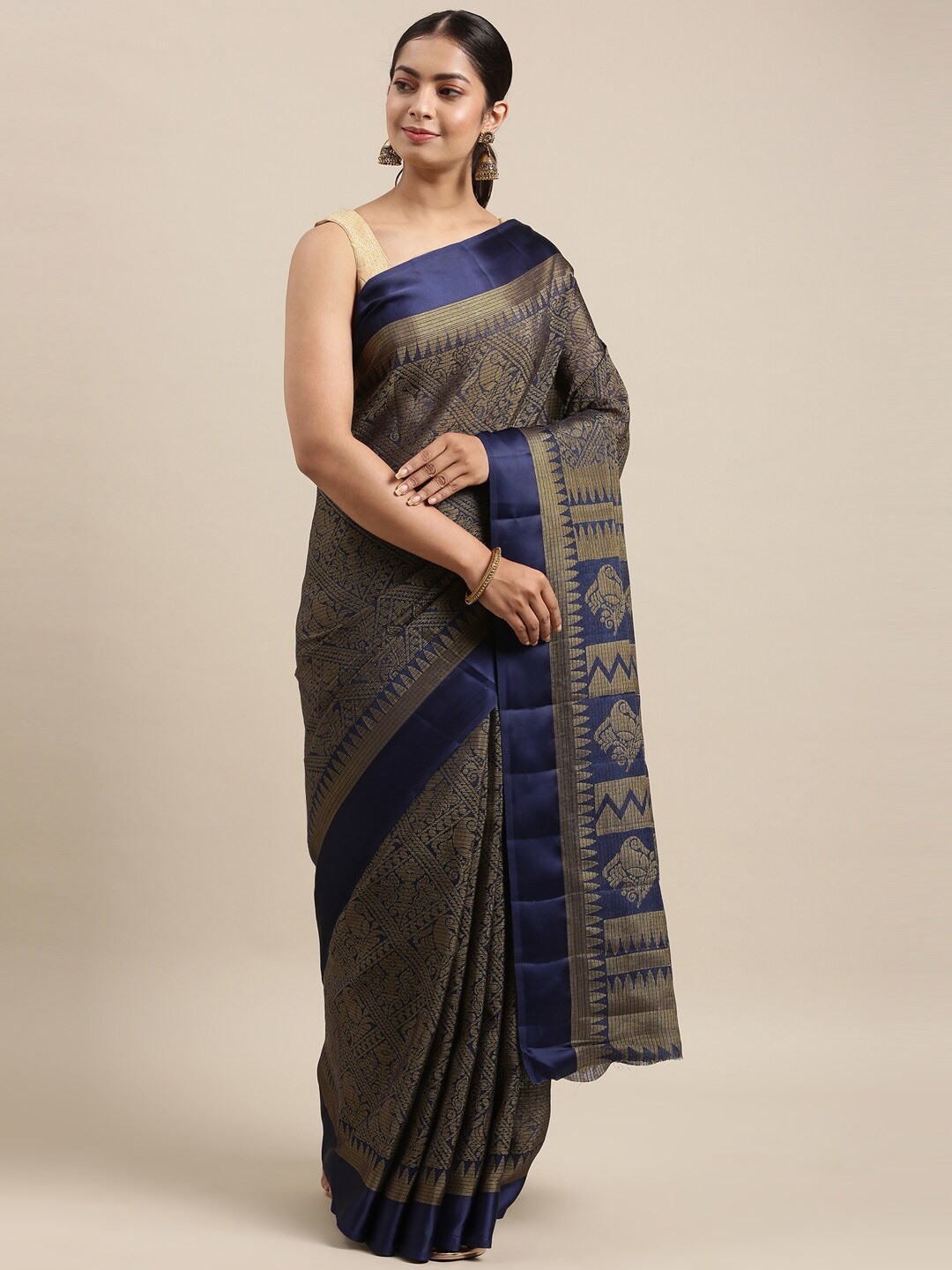 

The Chennai Silks Navy Blue Floral Brasso Fusion Saree