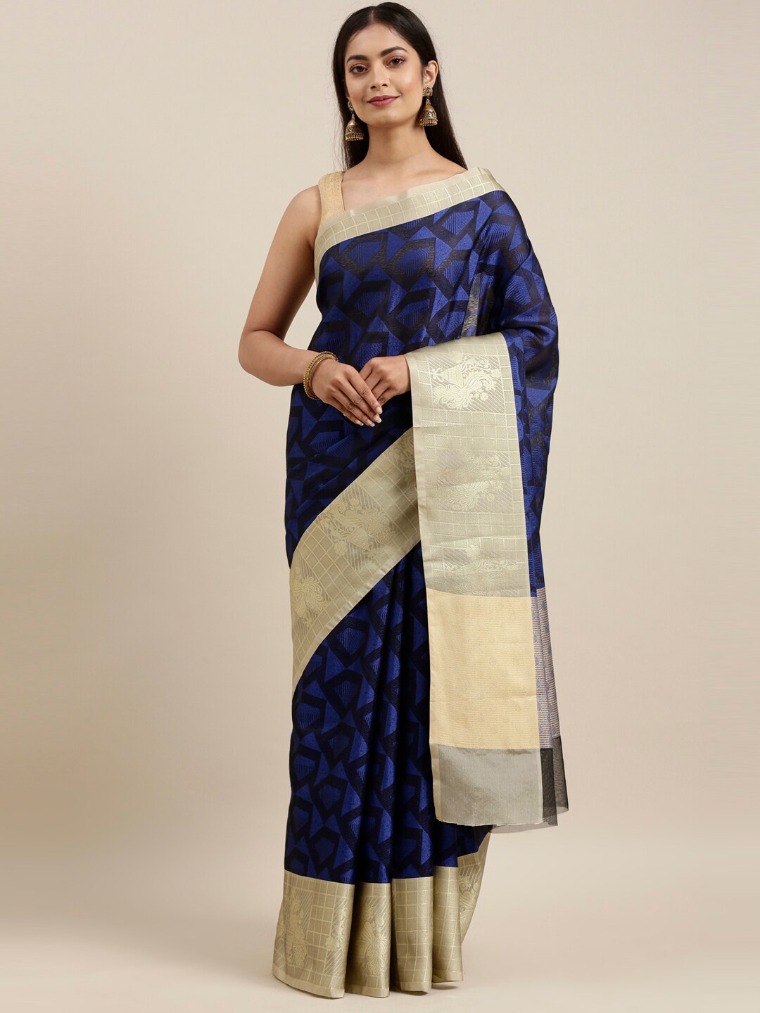 

The Chennai Silks Navy Blue & Gold-Toned Organza Fusion Banarasi Saree