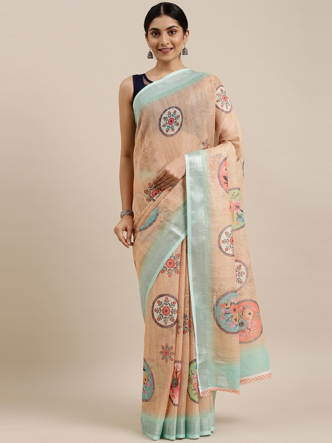 

The Chennai Silks Brown & Blue Floral Linen Blend Fusion Saree