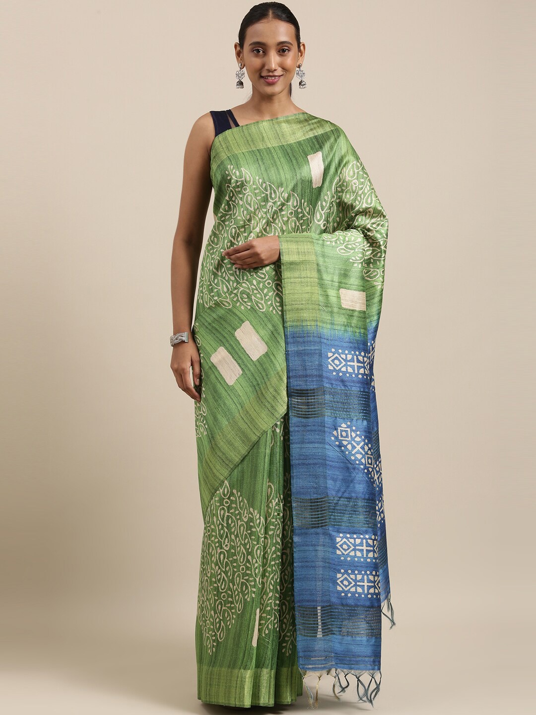 

The Chennai Silks Green & Blue Floral Jute Cotton Fusion Saree