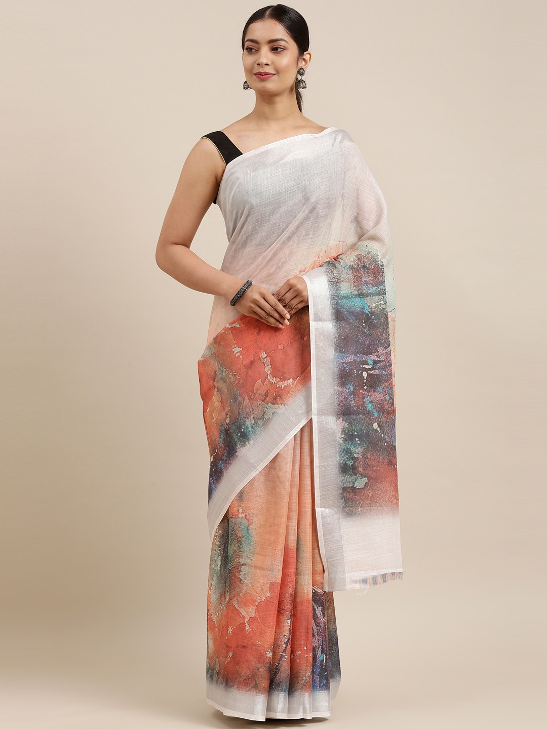 

The Chennai Silks White & Grey Linen Blend Fusion Saree