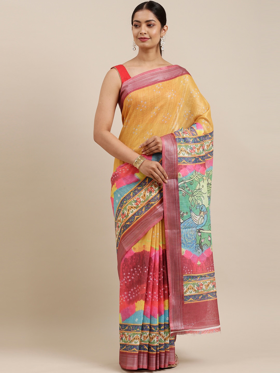

The Chennai Silks Mustard & Pink Bandhani Linen Blend Fusion Saree