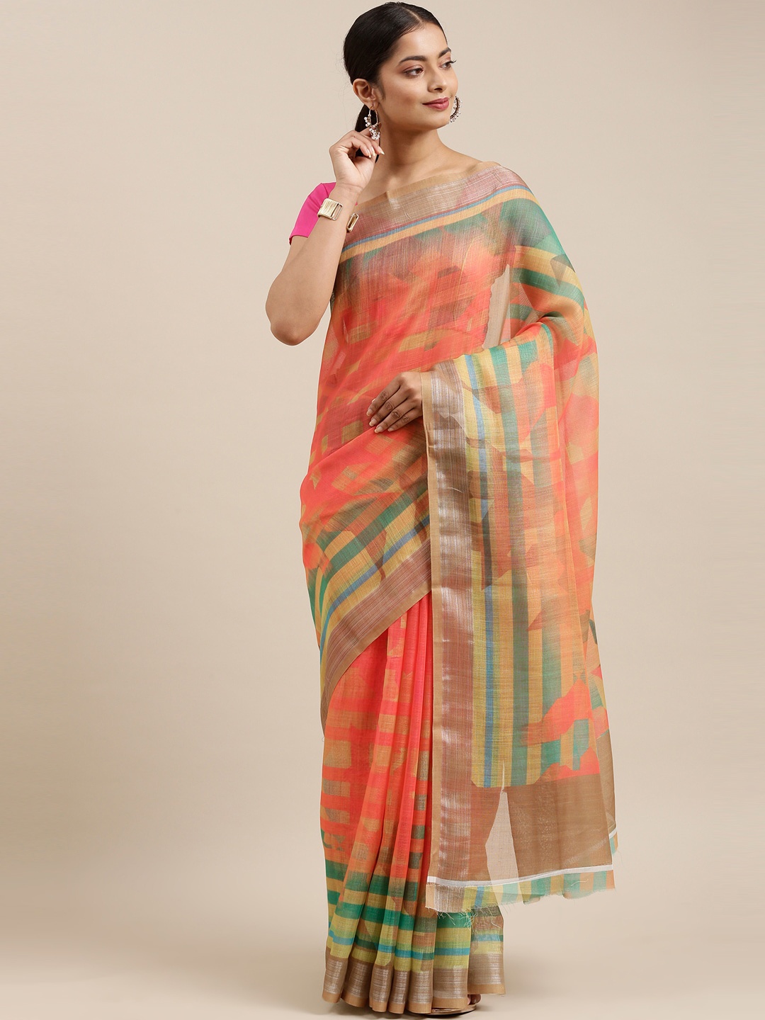 

The Chennai Silks Orange & Green Linen Blend Fusion Saree