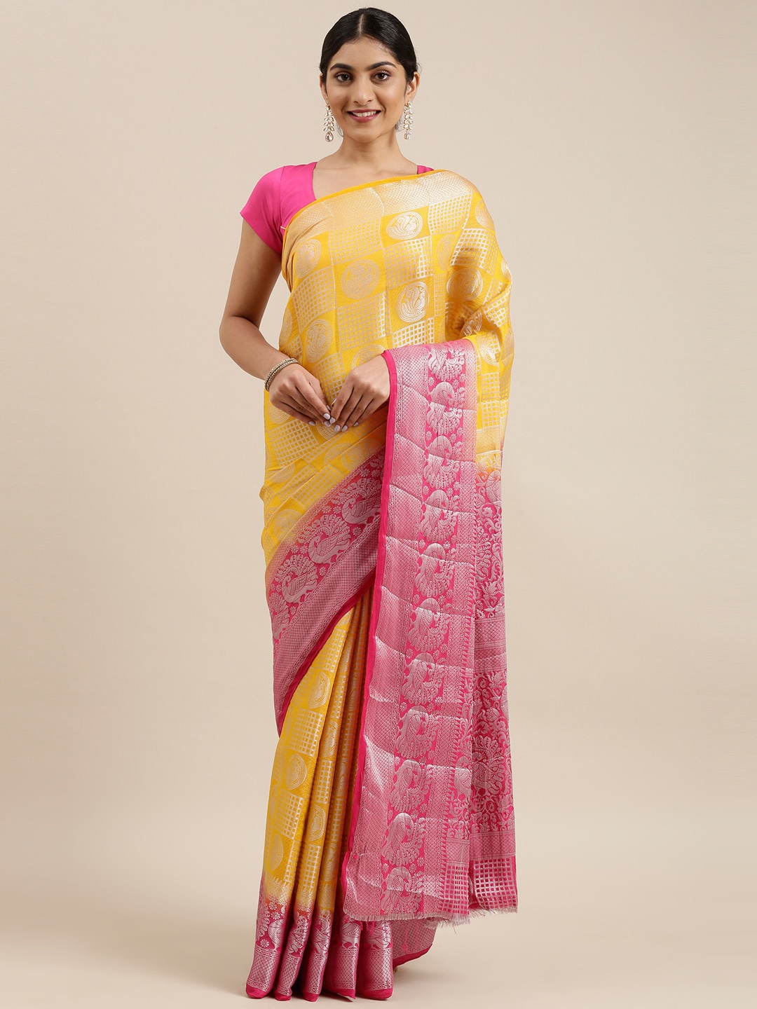 

The Chennai Silks Yellow & Pink Woven Design Zari Fusion Patola Saree