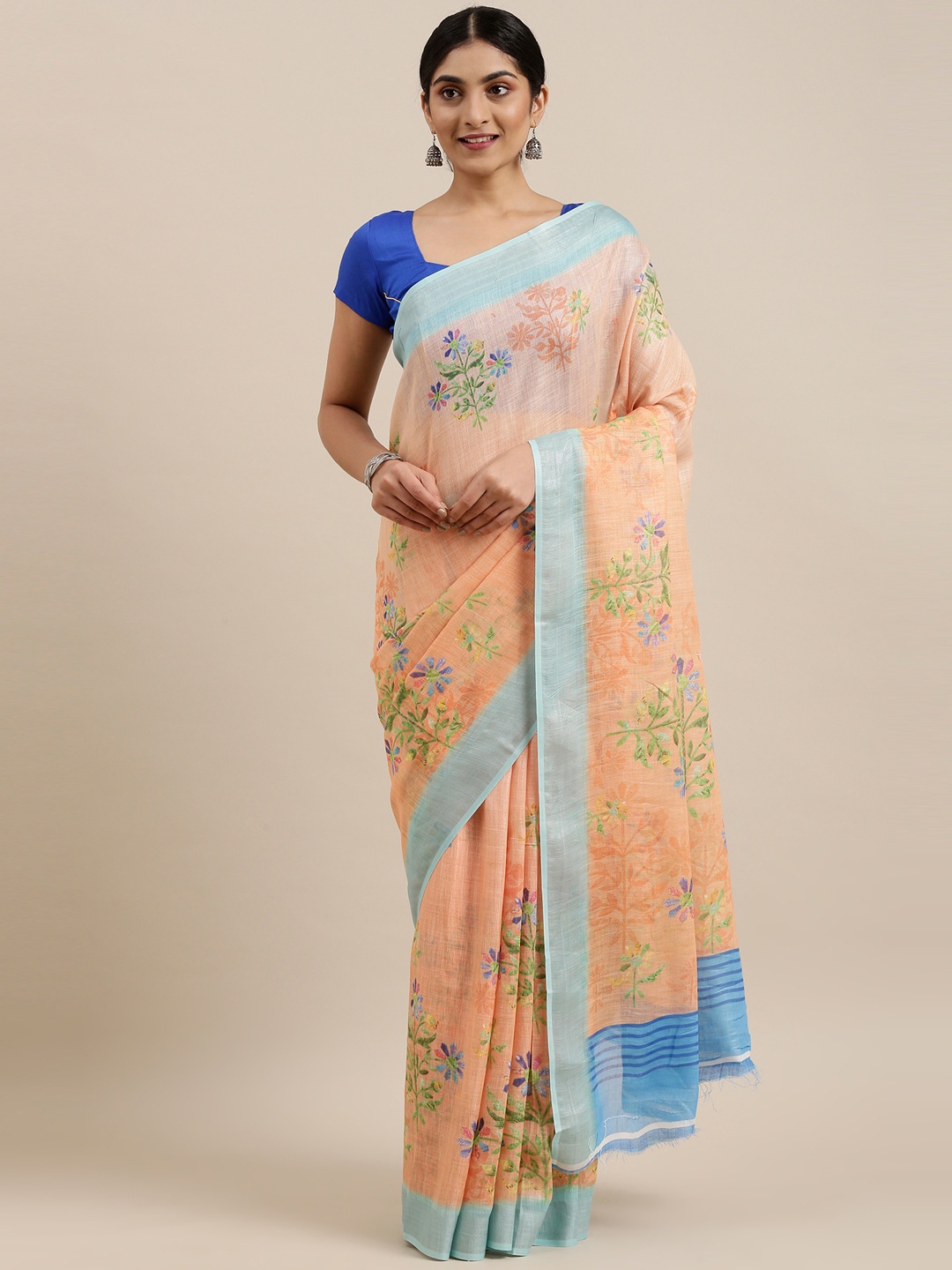 

The Chennai Silks Orange & Blue Floral Linen Blend Fusion Saree