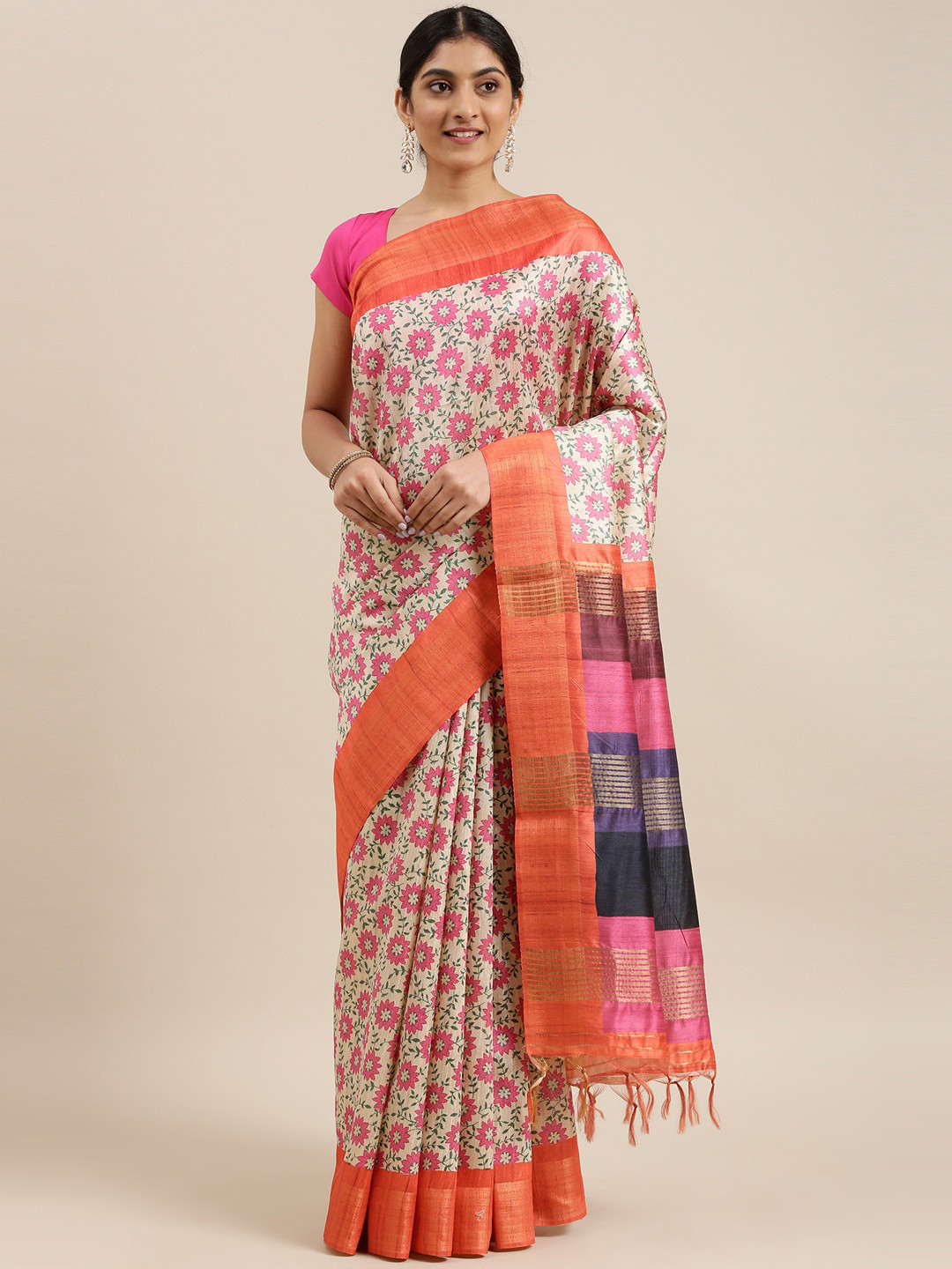 

The Chennai Silks Beige & Orange Floral Fusion Saree