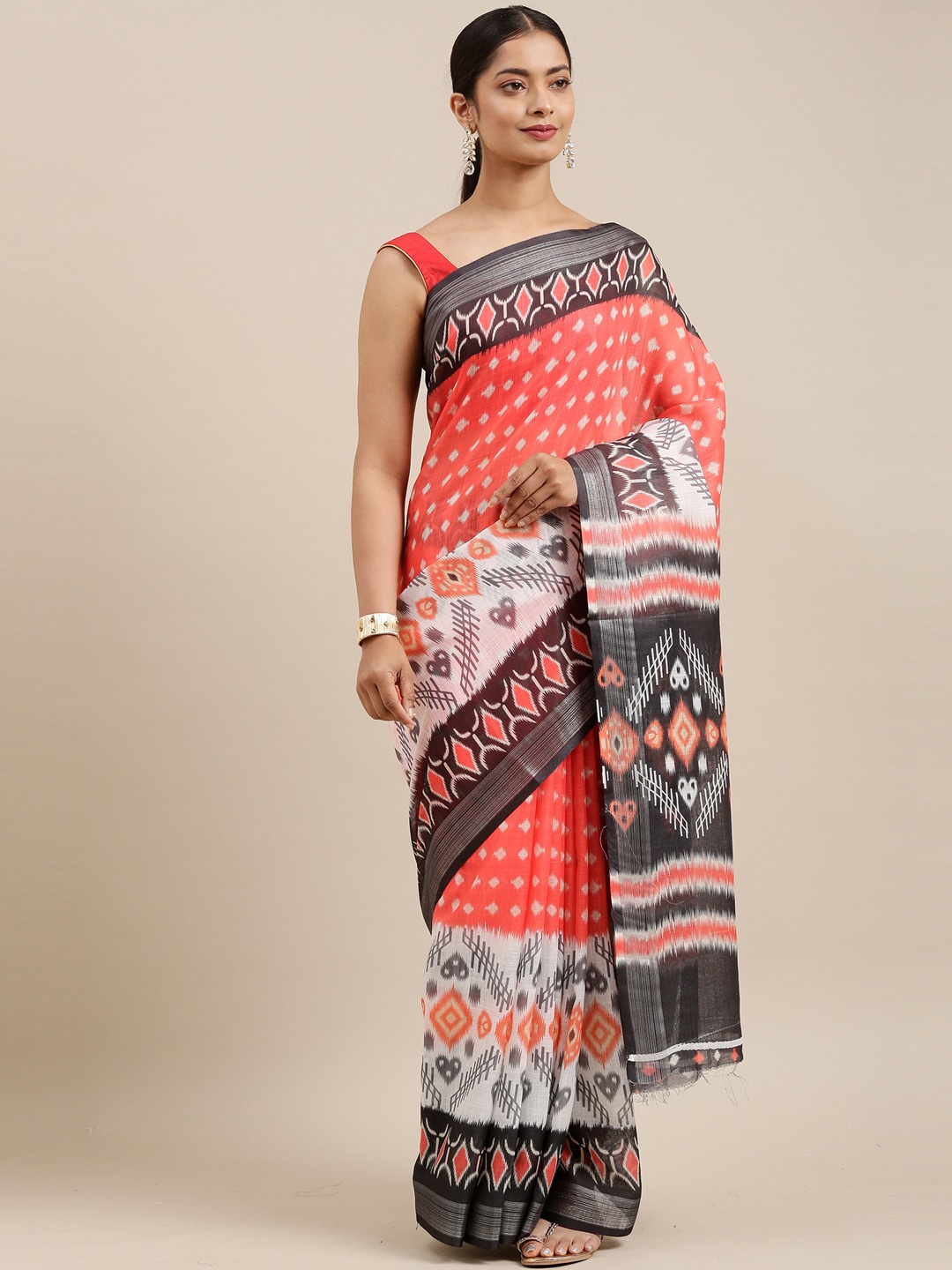

The Chennai Silks Orange & Black Linen Blend Fusion Saree
