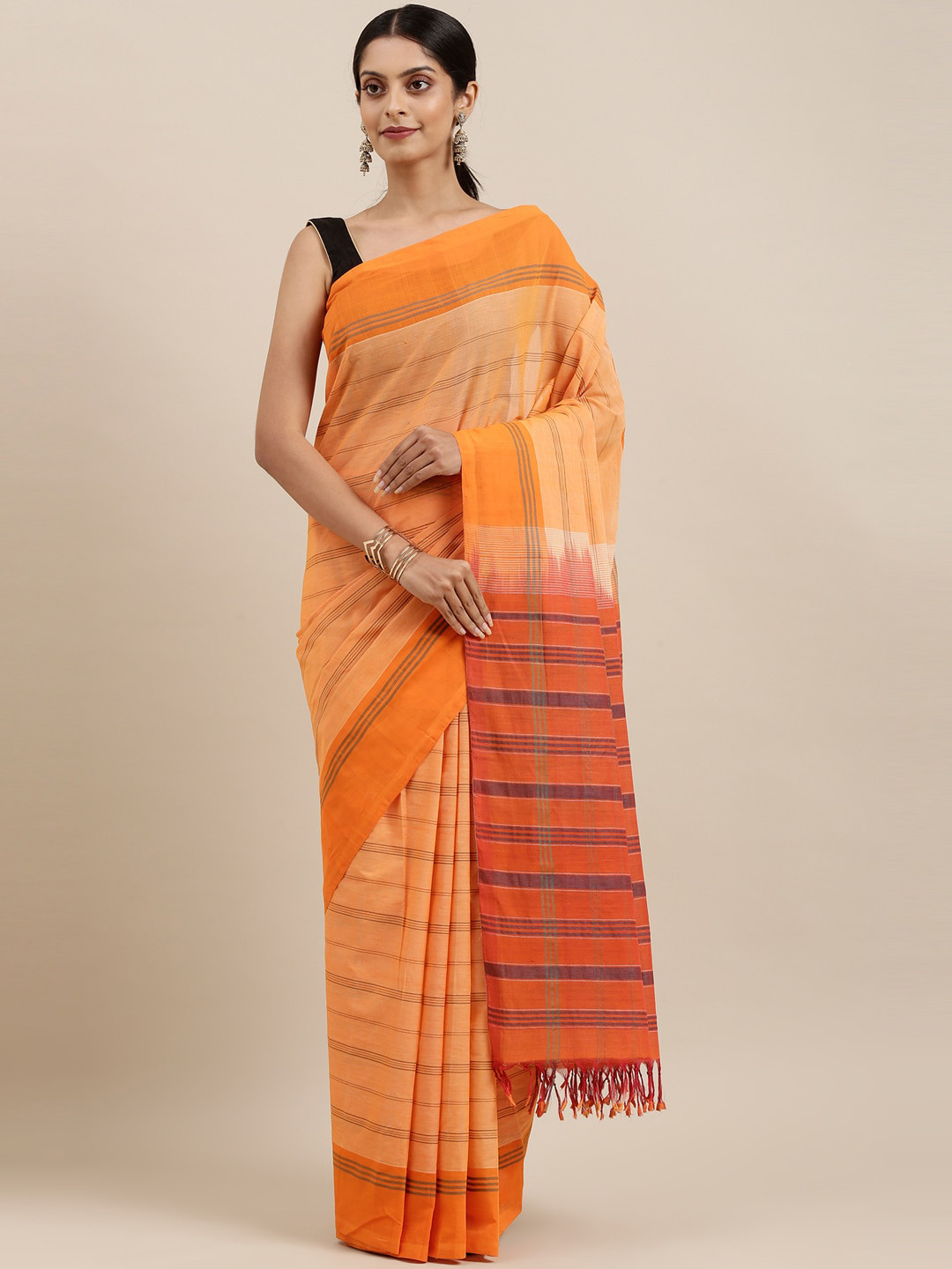 

The Chennai Silks Orange & Black Striped Pure Cotton Venkatgiri Saree