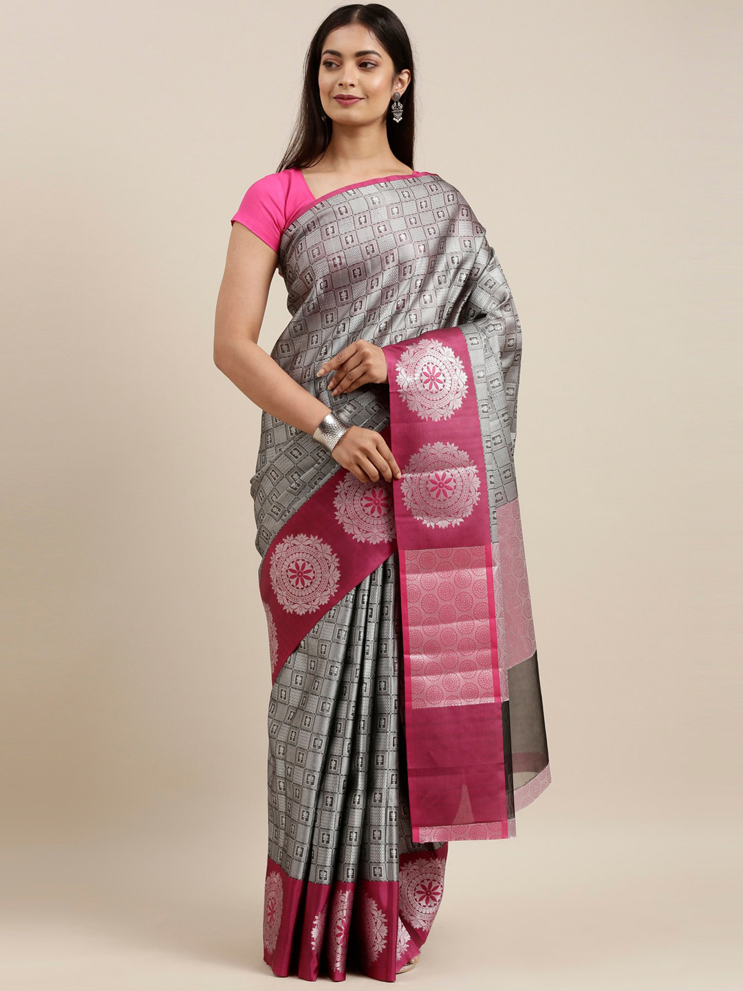 

The Chennai Silks Grey & Pink Woven Design Zari Organza Fusion Banarasi Saree